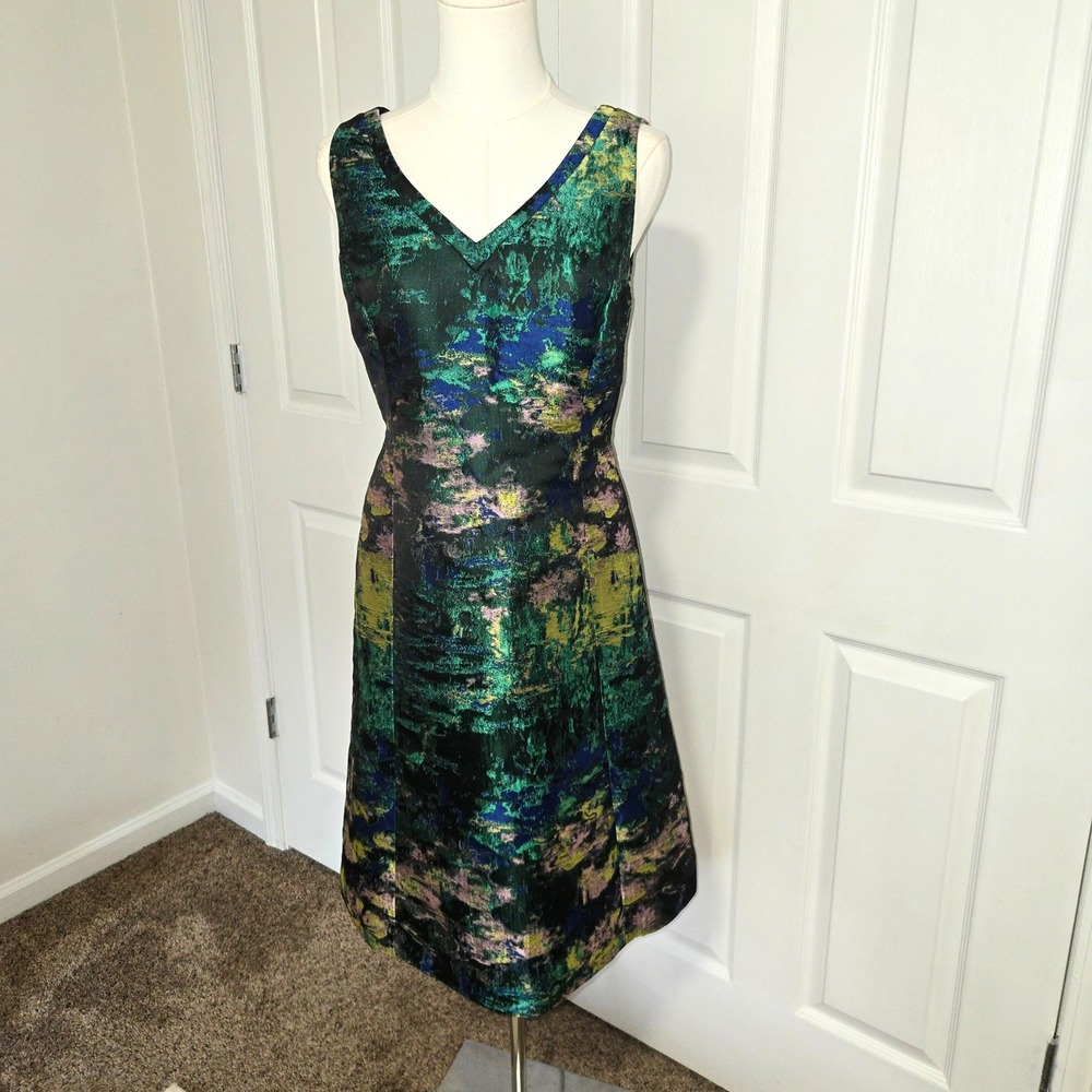 Etcetera A-Line Dress Women 4 Green Blue Gold Abstract Impressionist V-Neck